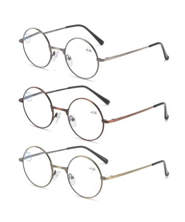 Kokobin 3-pack Reading glasses with a round frame Blow light-blocking reading device metal full frame anti blue light Retro glasses men and women (3-pack 1.5 diopters) 3-pack 1.5 diopters