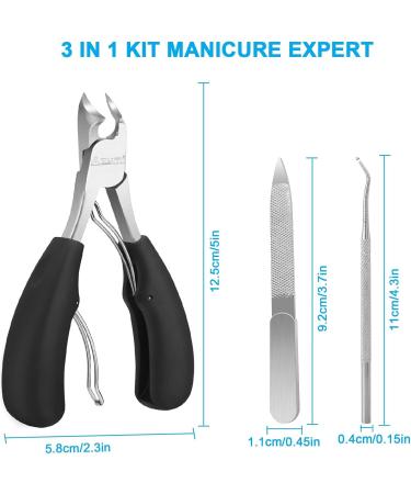 Professional Toe Nail Clippers for Thick Nails - Heavy Duty Toenail Scissors with Nail File & Hook - Sharp Curved Blades - Wide Jaw Opening - Soft Handles in Black & Silver - Buy Online on GoSupps.com