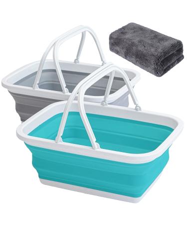 AUTODECO Collapsible Sink 2 Pack with Handle Towel, 2.37 Gal / 9L Foldable Wash Basin for Washing Dishes, Camping, Hiking and Home Gray&blue