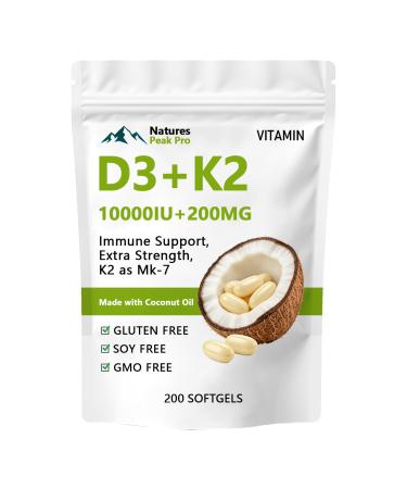 UYPO Nature Speak Pro Vitamin D3 + K2 (MK7) with Coconut Oil 200 Softgels 10 000 IU D3 & 200 mcg K2 | Extra Strength Easy to Swallow Non-GMO Gluten Free (1PC)