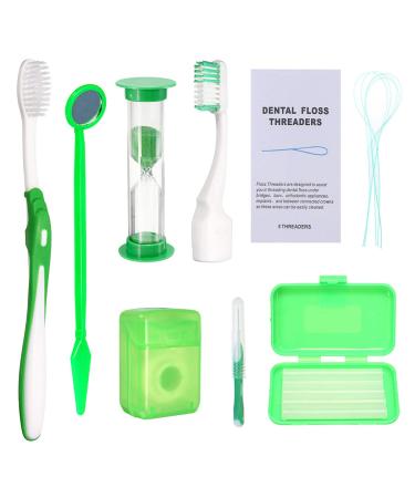 Braces Cleaning Kit for Teeth, Portable Orthodontic Toothbrush Kit Oral Care Dental Travel Kit - Interdental Brush Dental Wax Dental Floss Toothbrush Box (Green)