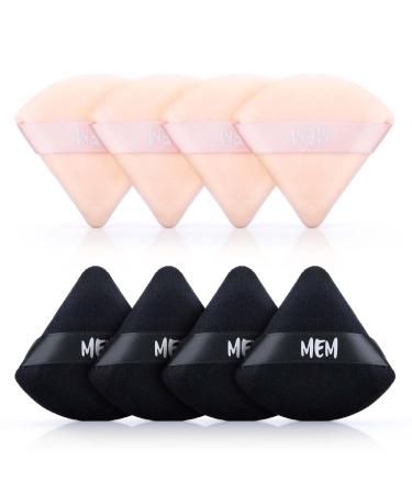 MEM Triangle Powder Puff - 8 Pcs Soft Velour Makeup Puffs for Face Powder Loose Powder Application  Wet and Dry Use  Sponge Beauty Makeup Tools  Skin-Friendly  with Satin Ribbon for Easy Handling Black&Nude