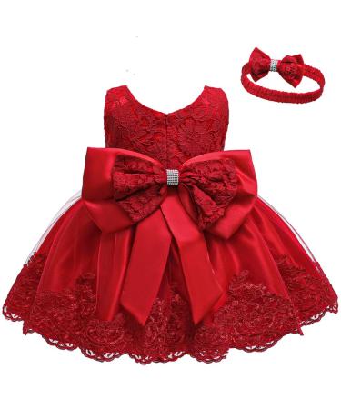 LZH Baby Girls Lace Dress Bowknot Flower Dresses Wedding Pageant Baptism Christening Tutu Gown 0-24 Months 0-3 Months Red