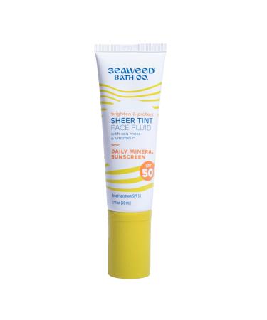Seaweed Bath Co. Brighten & Protect Sheer Tint Face Fluid SPF 50 Zinc Oxide Sunscreen Lotion 1.7 Oz. Tinted Mineral Facial Moisturizer Cream
