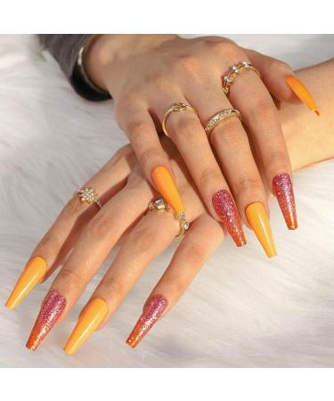 Sethain Glossy Glitter False Nails Green Fake Nail Rhinestone Long Full Cover Coffin Press on Nails for Women and Girls (Orange) - Buy Online on GoSupps.com