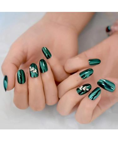 UrtjSDG Dark Green Reflective Mirror Artificial Nails - Metallic Oval Acrylic Tips with Free Glue & 3D Blade Design - International Shipping Available - Buy Online on GoSupps.com