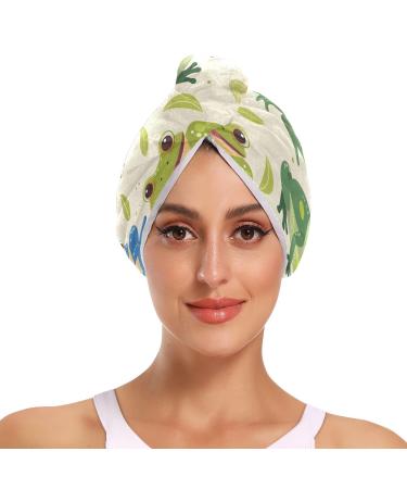 Cartoon Animals Seamless Frogs Hair Towel 2 Pack Super Absorbent Hair Drying Towel Quick Dry Hair Turbans Head Towel with Button Twisty Wrap for Women Girls