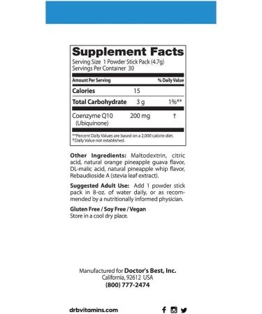 Doctor's Best High Absorption CoQ10 Powder - 200mg Tropical Fruit, 30 Stick Packs - Premium Antioxidant Support - Buy Online on GoSupps.com