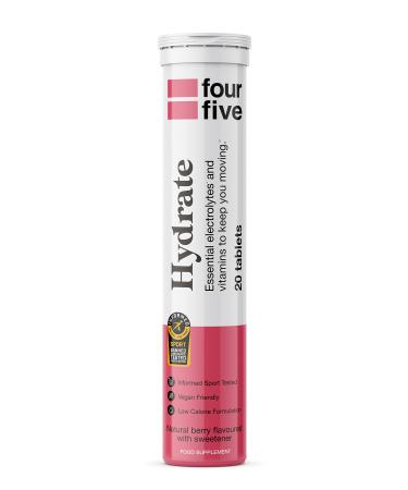 fourfive Hydrate Electrolytes - Essential Electrolytes & Vitamins with Magnesium & Calcium for Sports Hydration Vegan & Low Calorie Berry Flavour (20 Effervescent Tablets)