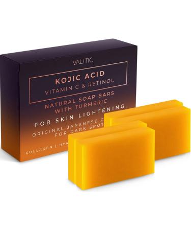 VALITIC Kojic Acid Vitamin C and Retinol Soap Bars with Turmeric for Skin Lightening - Original Japanese Complex for Dark Spots Infused with Collagen, Hyaluronic Acid, and Vitamin E (4 Pack)