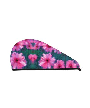 Pink Flowers Coral Velvet Dry Hair Cap Caps with Buttons for Drying Curly Long & Thick Hair Anti Frizz