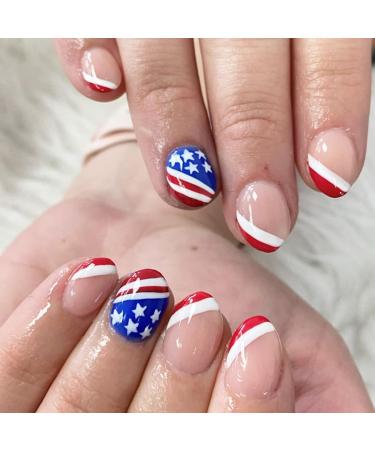 Independence Day Press on Nails Short Fake Nails 4th of July False Nails with American Flag Patriotic Designs Stick on Nails Full Cover Acrylic Artificial Nails for Women Manicure Decorations 24 PCS