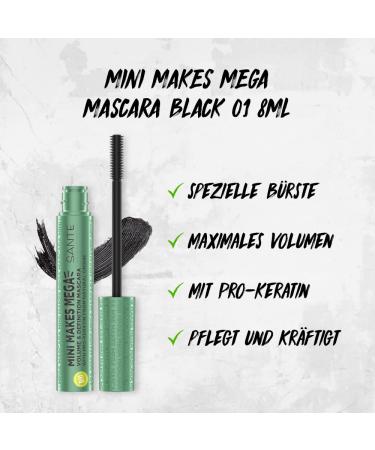 Sante Natural Cosmetics Mascara - Flexible Rubber Brush for Volume & Length Pro-Keratin Formula 8ml - Black - Mini Makes Mega - Buy Online on GoSupps.com