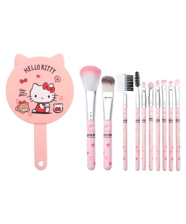 Kawaiil Kitty Makeup Brushes Set with Mirror Comb- 10pcs Kitty Cat Gift Makeup Brush Set for Girl MB+MR-Kitty 10pcs