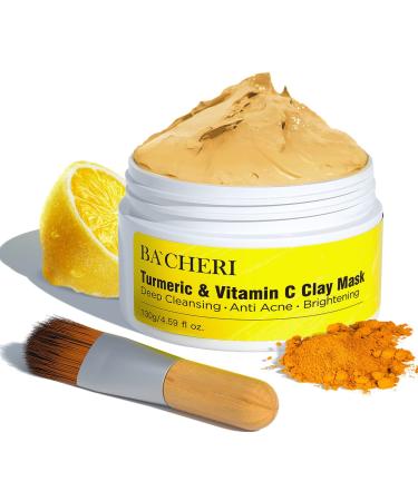 BACHERI Turmeric Vitamin C Clay Mask Blackheads Acne Dark Spots Remover with Turmeric Extract Turmeric Healing Clay Mud Mask for Glowing Skin Refining Pores and Controlling Oil