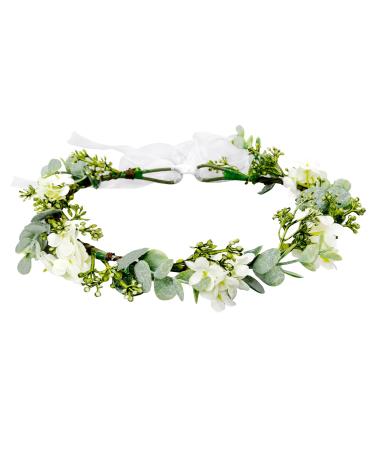 WOVOWOVO Green Leaf Crowns For Girls Women  Bridal Flower Crown Bride Hair Accessories Bohemian Floral Crown Eucalyptus Wreath Headband With Ribbon For Wedding Birthday Vacation Party Festival Photo Prop