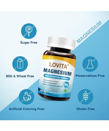 LOVITA Triple Magnesium Complex 500mg High Absorption and Potency Formula Glycinate Citrate & Oxide Support Sleep Relaxation Heart Nerves & Bone Health 180 Vegan Capsules 180 Count (Pack of 1) New Package - Buy Online on GoSupps.com