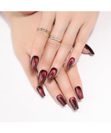 Dark Red Cat Eye Press on Nails Medium Coffin Fake Nails with Velvet & Glitter Designs KKUUOO Handmade False Nails Shiny Acrylic Nails Full Cover Glossy Stick on Nails for Women Girls 24Pcs M09