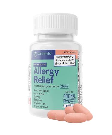 Welmate Allergy Relief | Fexofenadine HCl 60 mg Non-Drowsy Antihistamine | 100 Count Tablets | 12 Hour All Day Support 12 Hour Support