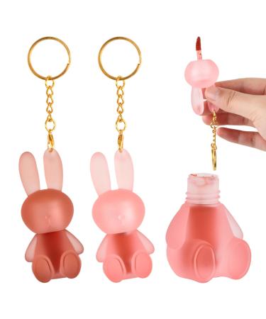 Kaslaider 2 Pcs Matte Liquid Lipstick Cute Rabbit Velvet Lipstick 2 in 1 Key Ring Lip Gloss Waterproof Durable Non-stick for Girls