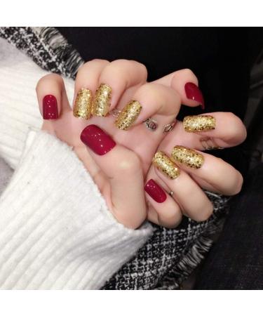 Bright Red Hujl Artificial Nails with 24 Gold Sequins | Fully Square Design & Women's Stickers Shop Now for International Shipping! - Buy Online on GoSupps.com