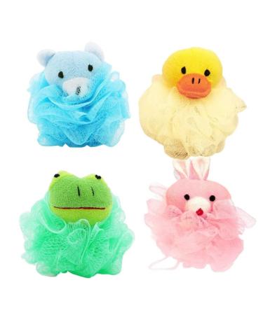LHKJ 4 Pieces Shower Sponge Exfoliating Sponge Shower Sponge with Soft Toy and Net Bath Sponge for Children Adults Bath Ball Animal Washing Sponge (Colourful)