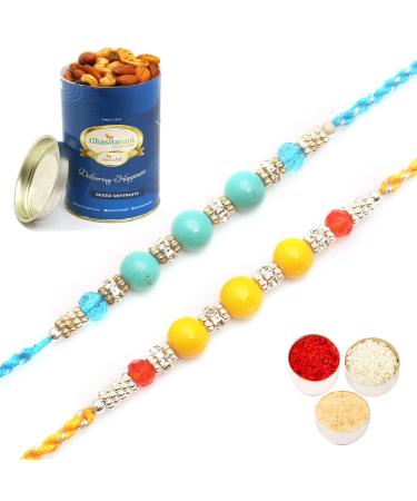Ghasitaram Gifts Rakhi for Brother Rakhis Online - Set of 2-6991B Diamond Pearl Rakhi with 100 GMS of Dryfruits Mix Can 2 Rakhi with 100 gms of Dryfruits Mix Can