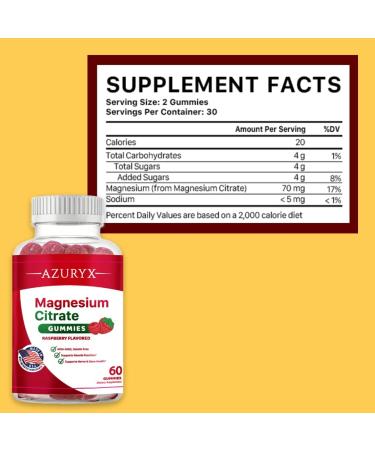 Azuryx Magnesium Citrate Gummies - Muscle, Nerve, Bone Health, Stress Relief - Raspberry Flavor, 60 Gummies - Buy Online on GoSupps.com