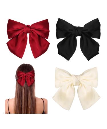 GWAWG 3PCS Bow Hair Clip Hair Bows Barrettes Solid Color Soft Satin Silky Hair Bows for Women Girls(Black White and Red)
