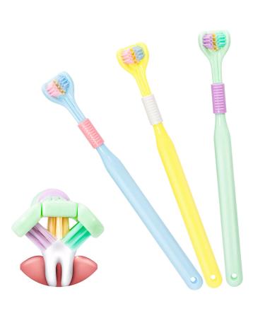 3 pieces of toothbrush children three -sided toothbrushes toothbrush soft slipproof cleaning for adults and children with autistic people (blue yellow green) blue / yellow / green