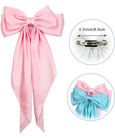 Satin Hair Barrettes Clip for Women Large Bow Hair Slides Metal Clips French Barrette Bowknot with Long Tail Silk Hair Bow Hairpin 90's Hair Accessories (White Pink) - Buy Online on GoSupps.com