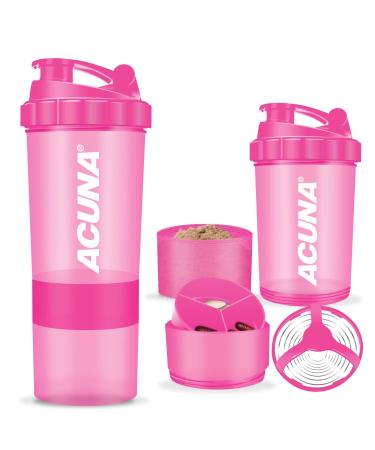 ACUNA Protein Shaker Bottle 600ml- 3 Layered Twist Off Cups For Pill & Supplement Storage - Steel Mixing Ball For Lump Free Smooth Shake- Easy To Clean Gym & Sports Shaker Bottle (Pink) - Buy Online on GoSupps.com