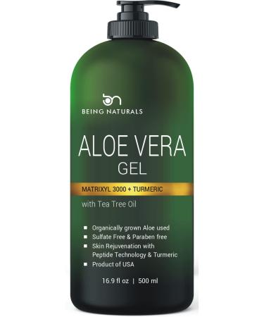 Aloe vera Gel - from 100% Pure Organic Aloe Infused with Matrixyl 3000 (Peptides)  Turmeric  Tea Tree Oil - Natural Raw Moisturizer for Face  Body  Hair. Perfect for Sunburn  Acne  Razor Bumps 16.9 fl oz Turmeric & Pepti...