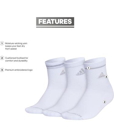adidas Women's Cushioned Sport High Quarter Socks (3-Pair) - Medium - White/Clear Onix Grey - Buy Online on GoSupps.com