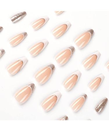 Justotry 24 Pcs Gold Glitter Almond Short False Nails - French Press on Nails | Trendy Nude Fake Nails with Glue | Stiletto Medium Stick on Nails for Women - Buy Online on GoSupps.com