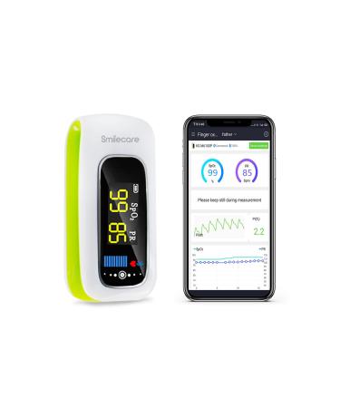 Bluetooth Rechargeable Pulse Oximeter Fingertip , SmileCare Oxygen Meter Finger Pulse Oximeter Blood Oxygen Saturation Monitor with Heart Rate for Adult with Free App iOS & Android