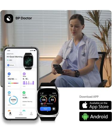YHE BP Doctor Med Smartwatch - Blood Pressure & Heart Rate Monitor with Dual Cuff 24/7 Stress & Sleep Tracking for Android & iOS - Silver - Buy Online on GoSupps.com