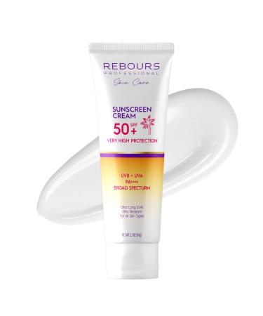 Rebours Facial Sunscreen SPF 50 Broad Spectrum UVA/UVB High Protection Fast Absorbing Lightweight Non-Greasy Water-Resistant Face Cream for Daily Use Suitable for All Skin Types 3.2 oz