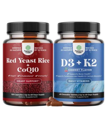 Bundle of Red Yeast Rice with CoQ10 Supplement - Advanced Healthy Heart & Cholesterol Levels & Vitamin D3 with K2 MK7 Supplement - Vitamin D3 2000 IU Tablets K2 for Bone & Heart Health Joint Support