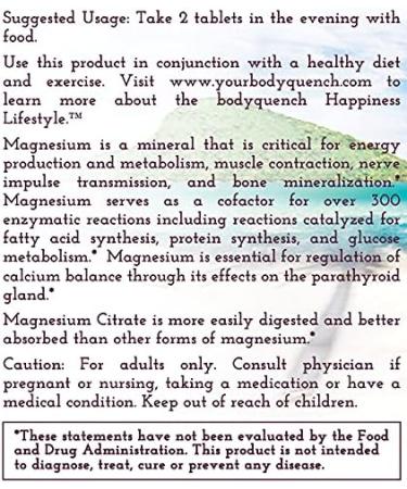 Bodyquench High Potency Magnesium Citrate - Supports Heart & Nervous System Function - Promotes Bone Health - 400mg per Serving - 100 Tablets - Buy Online on GoSupps.com