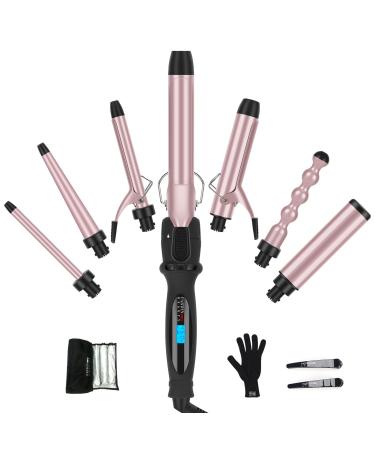 Curling Iron with Clamp PARWIN PRO BEAUTY 7 in 1 Curling Wand Set 0.5 to 1.5 Inch Interchangeable Barrels Adjustable Temp. Negative Ionic Travel Dual Voltage 60mins Auto Shut Off Rose Pink