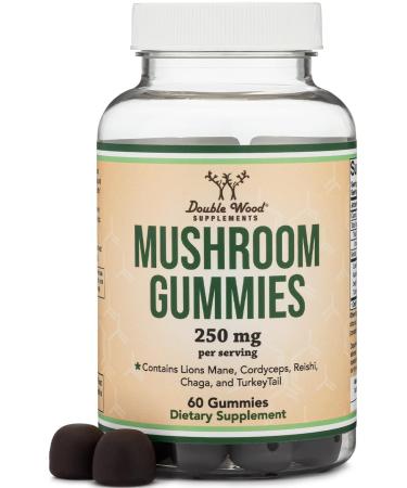 Double Wood Supplements Mushroom Gummies Supplement 60 Count - 2,500mg Equivalent from 250mg Lions Mane Cordyceps Reishi Chaga and Turkey Tail 10:1 Extracts Per Serving (for Immune Support)