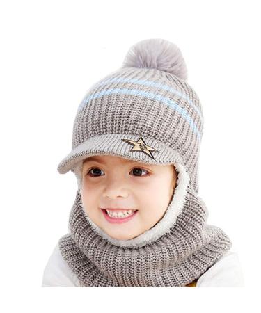 Uniyoung Baby Winter Warm Hat Scarf Toddler Girls Boys Ear Flaps Hood Balaclava Kids Fleece Lining Knit Pompom Beanie Hat with Visor Ski Snow Caps for 1-5 Years 1-5 Years Grey