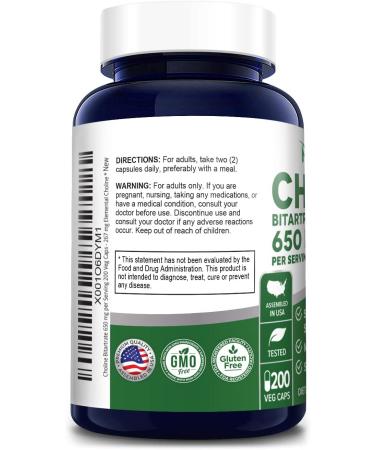 Choline Bitartrate 650mg 200 Veggie Capsules - Vegetarian, Non-GMO & Gluten-Free - Buy Online on GoSupps.com