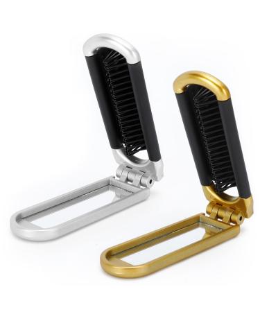 2Pcs Hair Brush With Mini Mirror  Travel Folding Pocket Hair Brush for Women Girls  Mini Massage Comb for Gym  Trip  Purse  Swimming (Gold&Silver)