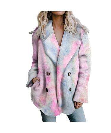 Winter Coats for Women, Winter Warm Fleece Coat with Pockets Fashion Tie Dye Lapel Sweatshirt Buttons Plush Jacket X-Large 01 # Pink