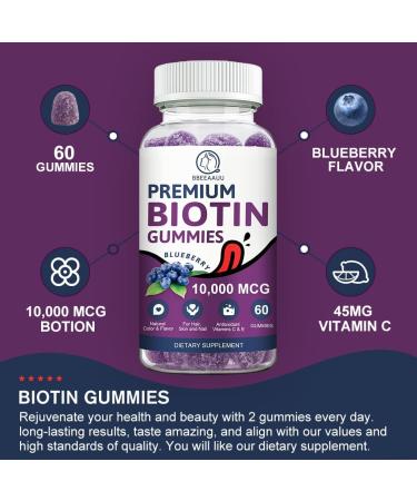 BBEEAAUU Biotin Gummy Vitamins for Hair, Skin, & Nails Growth - 120 Count x 2 Pack | 10000mg Vegan Pectin Gummies - Blueberry Flavor - Buy Online on GoSupps.com