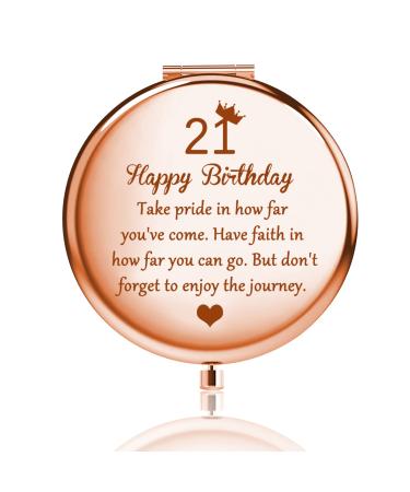 BNQL 21st Birthday Gifts Mirror 21 Year Old Birthday Gifts for Her Happy 21 Birthday Pocket Makeup Mirror with 2 x 1x Magnification Turning 21 Gifts (Rose Gold)