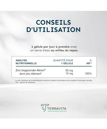 ZINC Bisglycinate PUR | Compl ment Alimentaire Premium ALBION | 120 G lules de 10 mg soit 100% des AR | Biodisponibilit Optimale | Peau Nette (Acn e) et Immunit | Made in France | Terravita - Buy Online on GoSupps.com