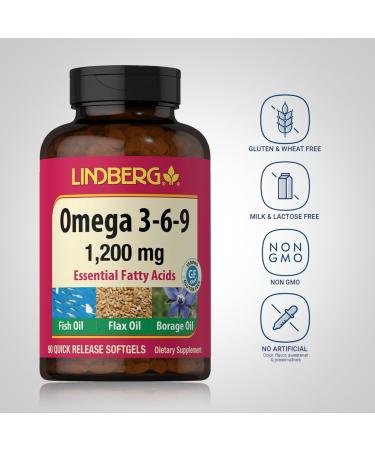 Lindberg Omega 3 6 9 Supplements | 1200mg | 90 Softgels | Essential Fatty Acids | with Fish Flax and Borage Oil | Non-GMO Gluten Free - Buy Online on GoSupps.com